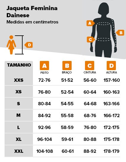 Tabela de medidas jaqueta Dainese feminina